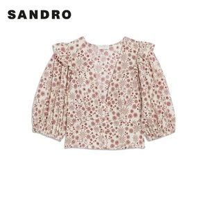 Sandro Pink and White Puff Sleeve Blouse with Ruffled Peter Pan Collar